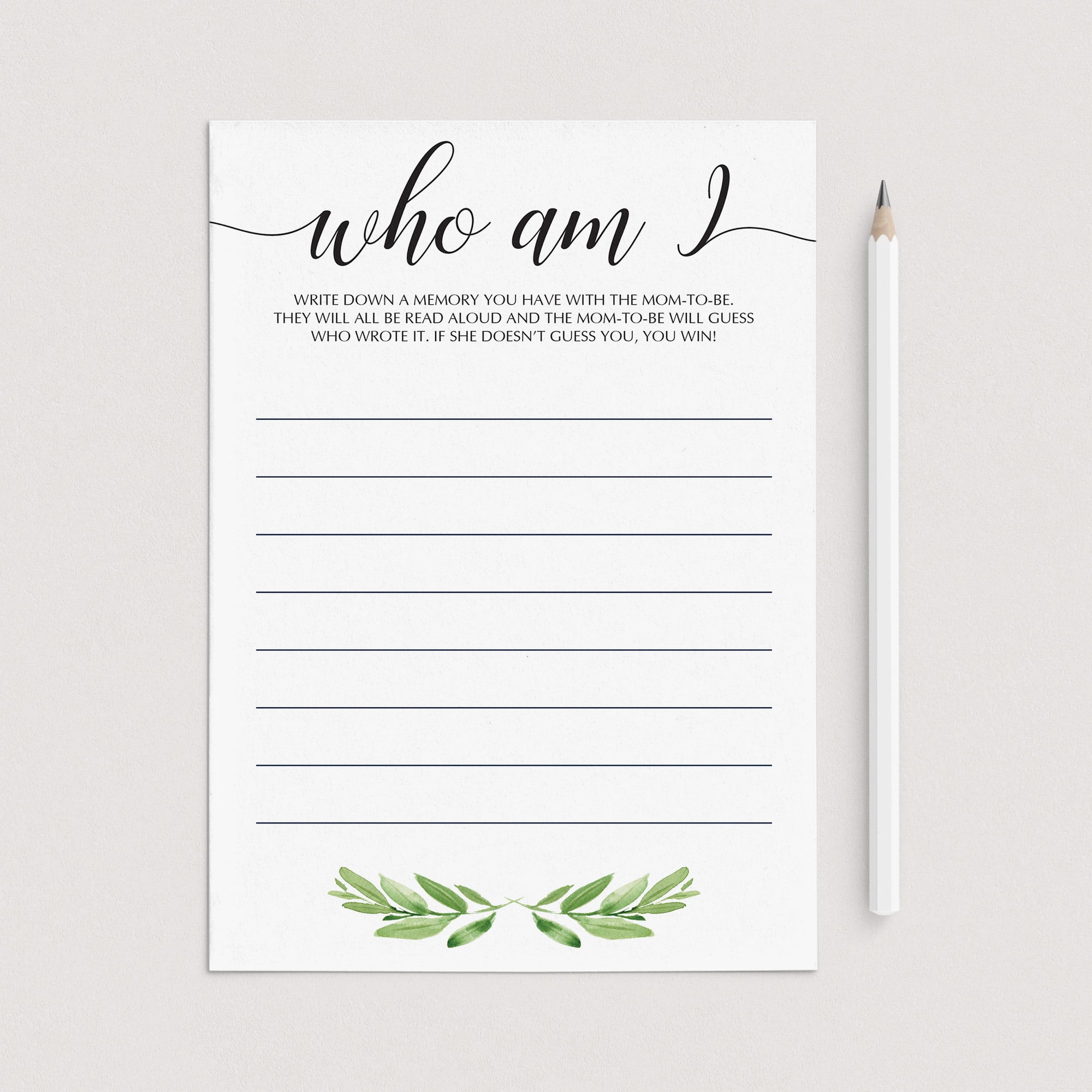Who am I baby shower game printable green theme by LittleSizzle