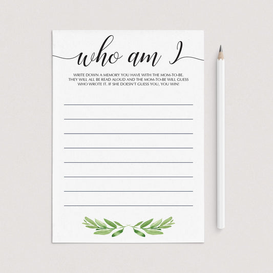 Who am I baby shower game printable green theme by LittleSizzle