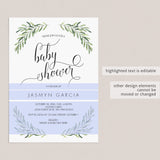 Calligraphy Baby Shower Invitation Template with Green Olive Branch