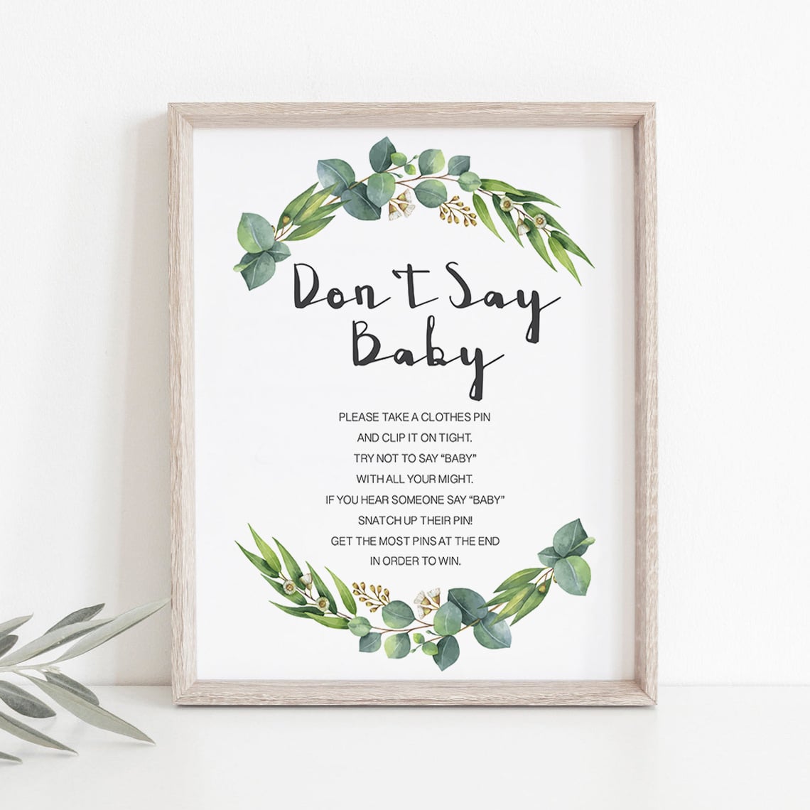 Green watercolor eucalyptus leaves on baby shower table decor by LittleSizzle