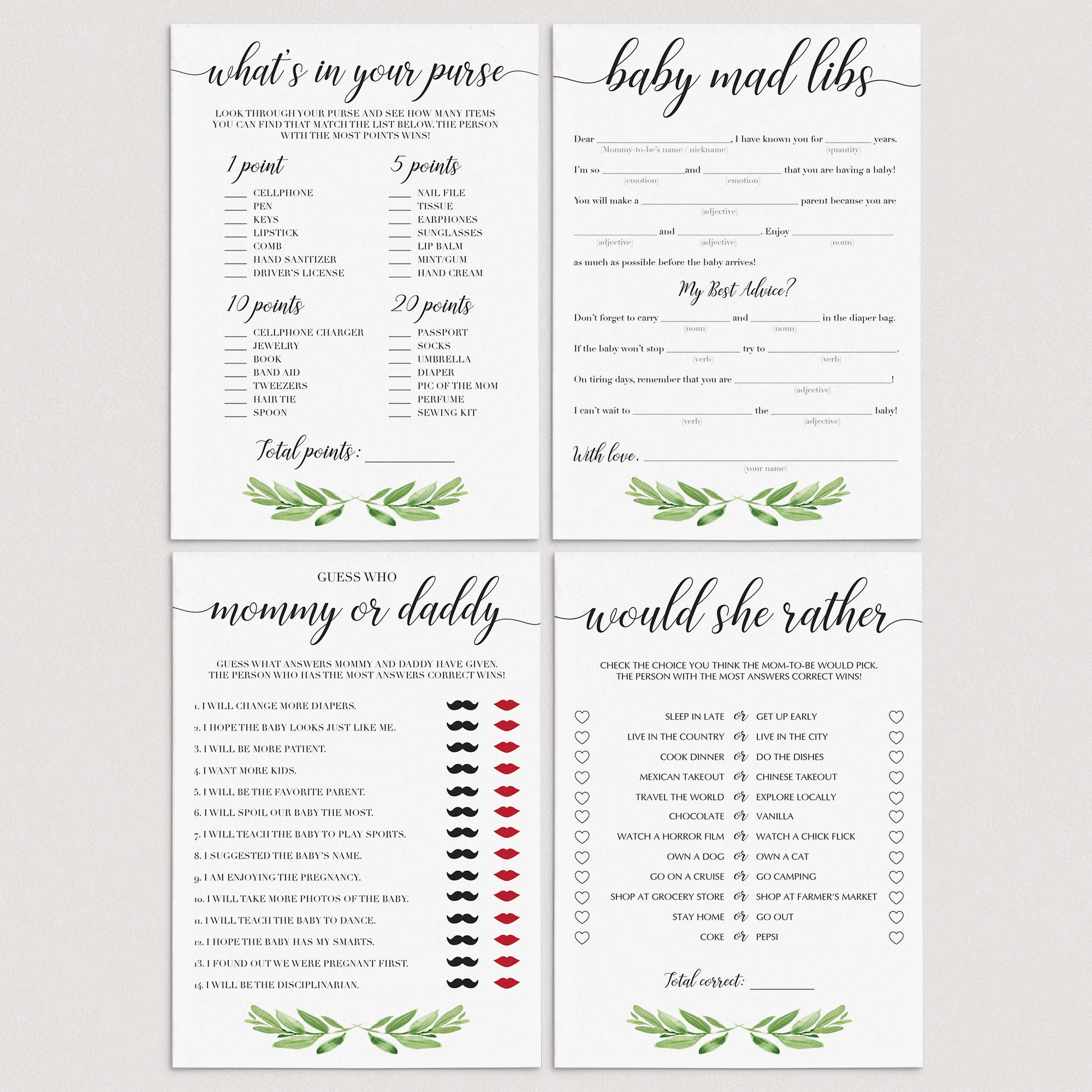 Green leafy baby shower games bundle printable by LittleSizzle