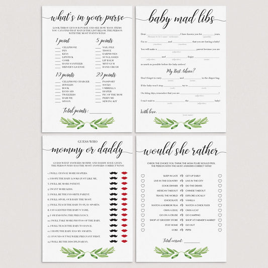 Green leafy baby shower games bundle printable by LittleSizzle