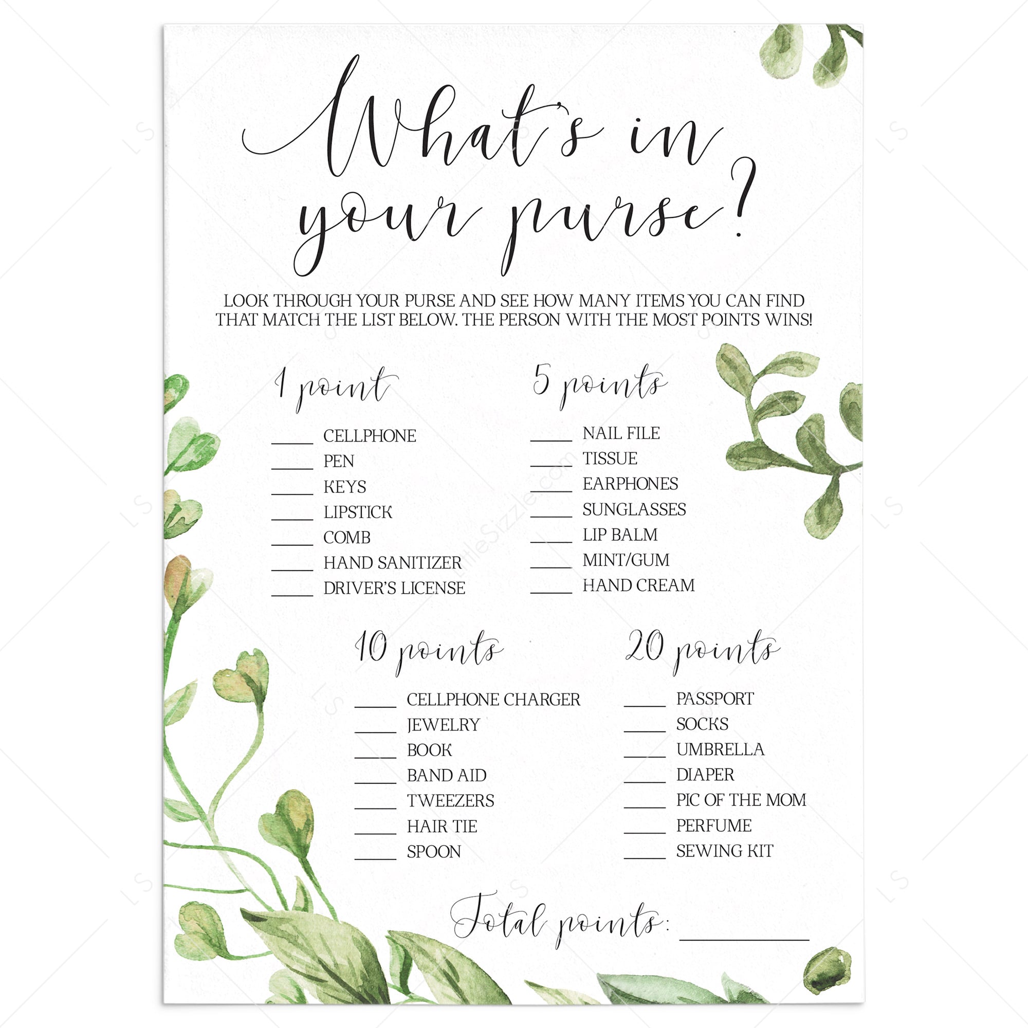 Greenery baby shower game whats in your purse printable by LittleSizzle