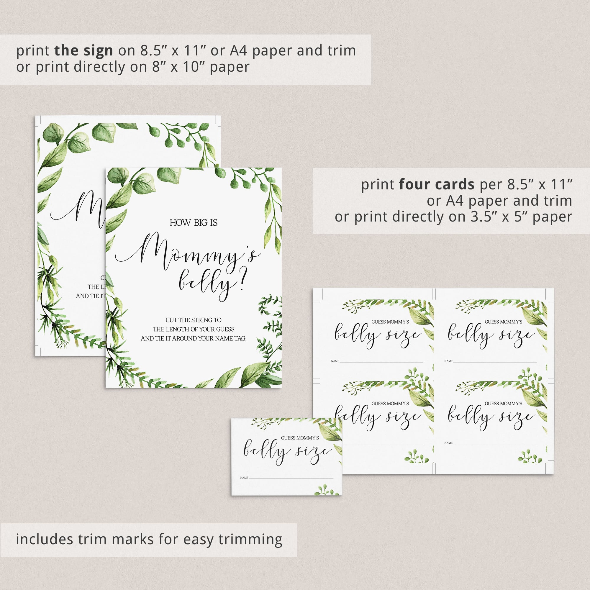 Instant download mommy's belly size baby shower game green leaves by LittleSizzle
