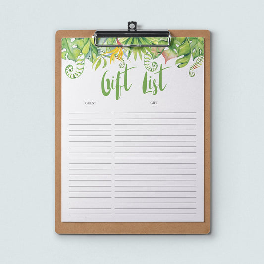 Hawaiian themed party gift list printable by LittleSizzle