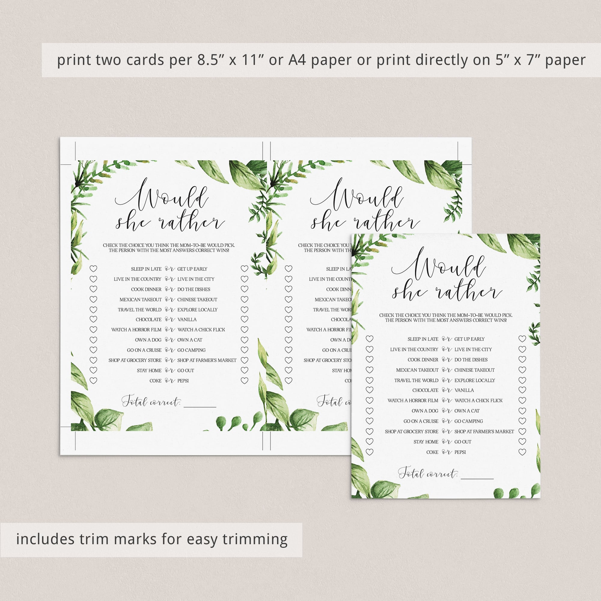 Printable would she rather babyshower party games by LittleSizzle