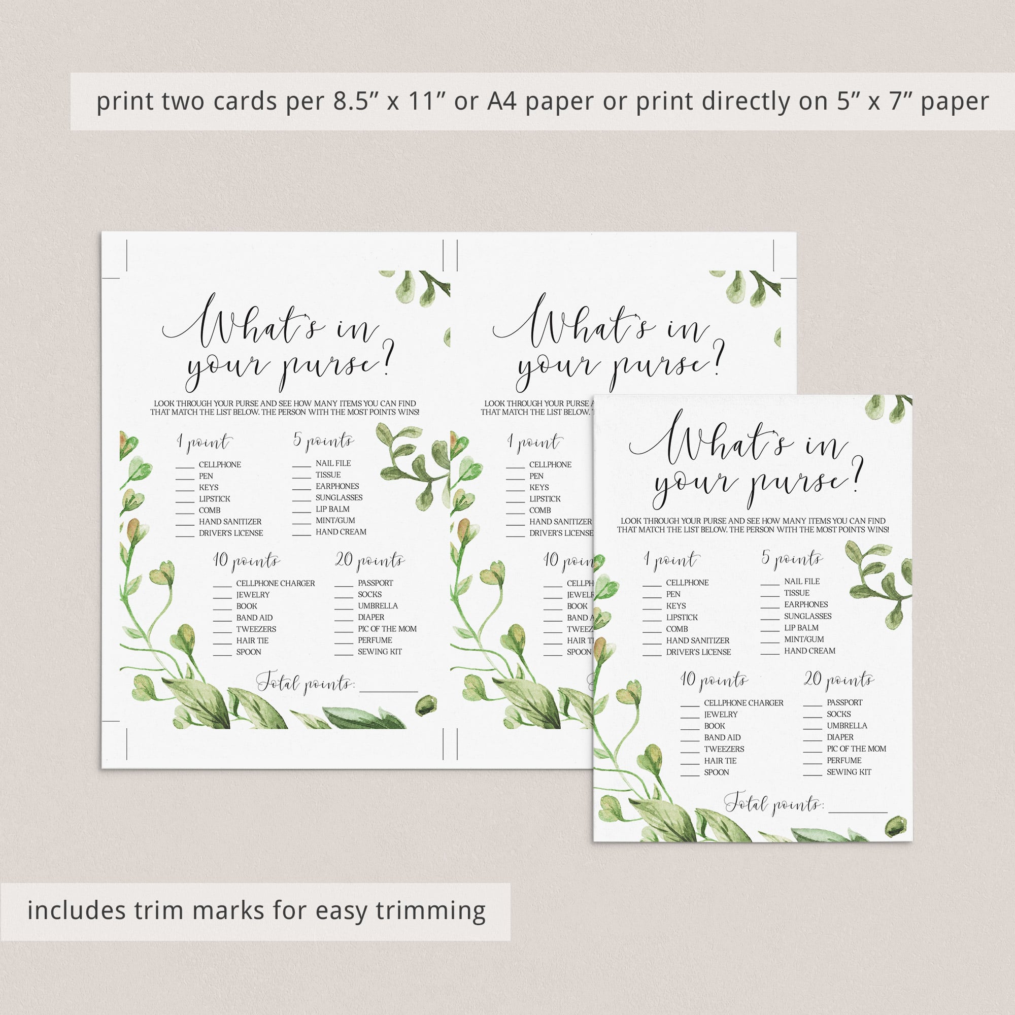 Watercolor green baby shower game cards purse hunt by LittleSizzle