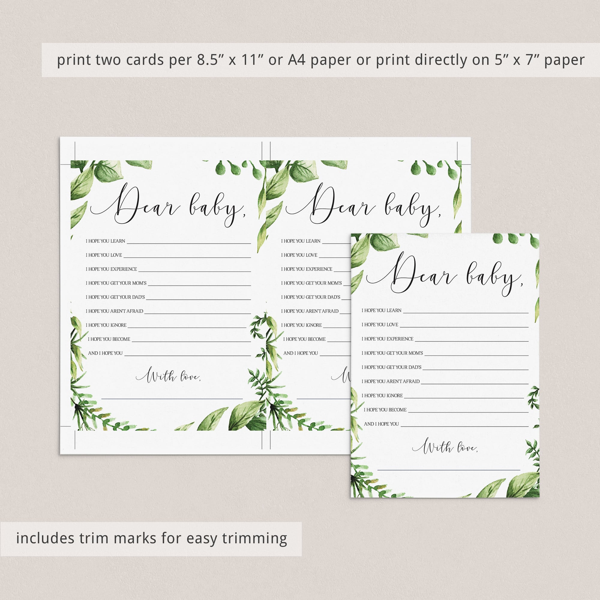 Baby wish cards green printable instant download by LittleSizzle