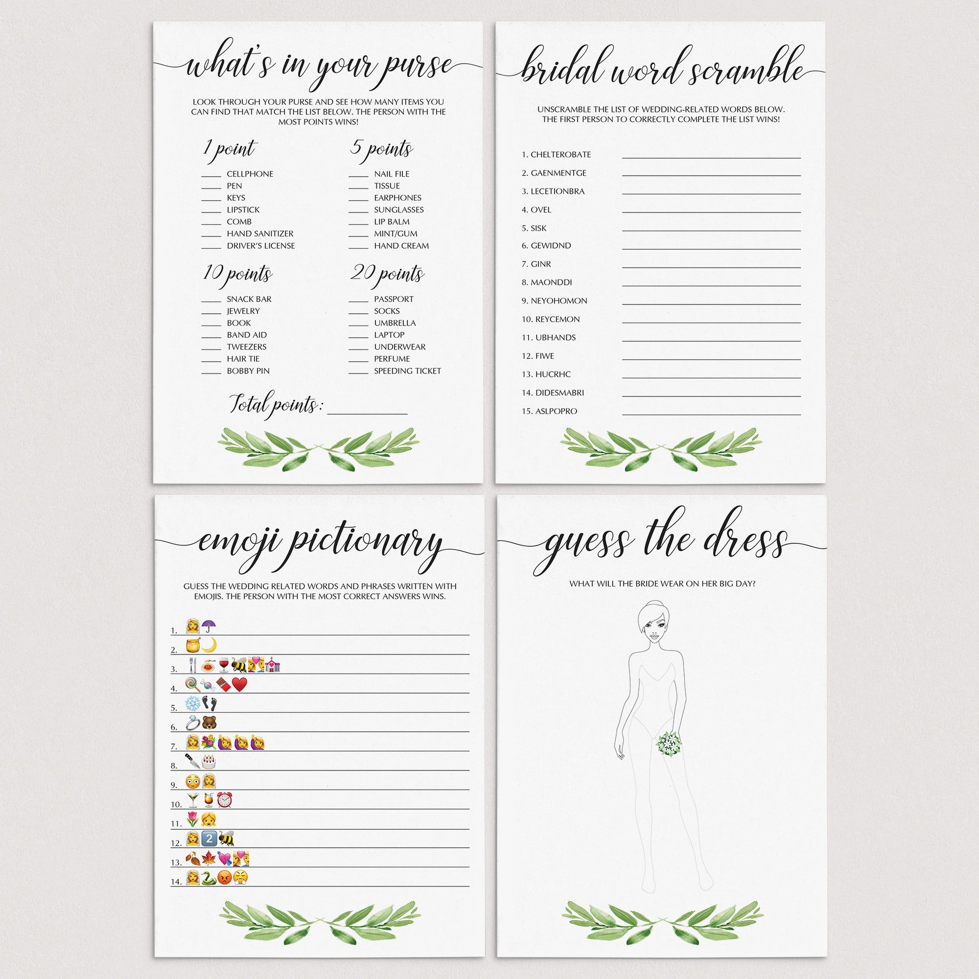 greenery bridalshower games package instant downloads by LittleSizzle