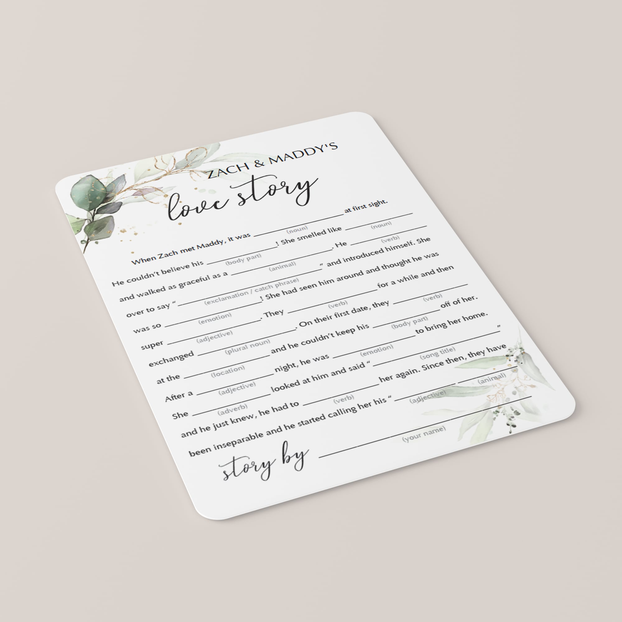 greenery wedding mad libs game cards