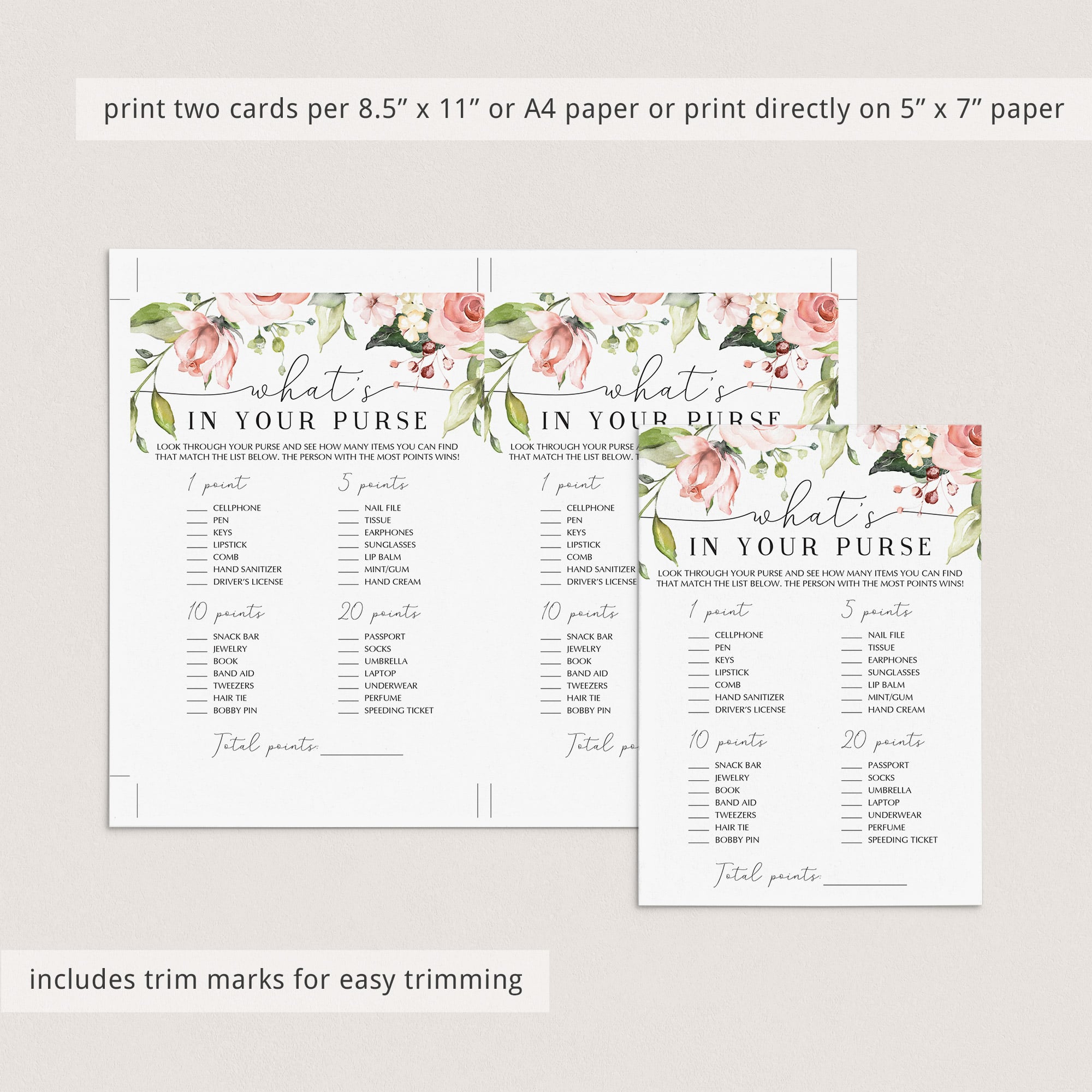 whats in your purse game cards instant download