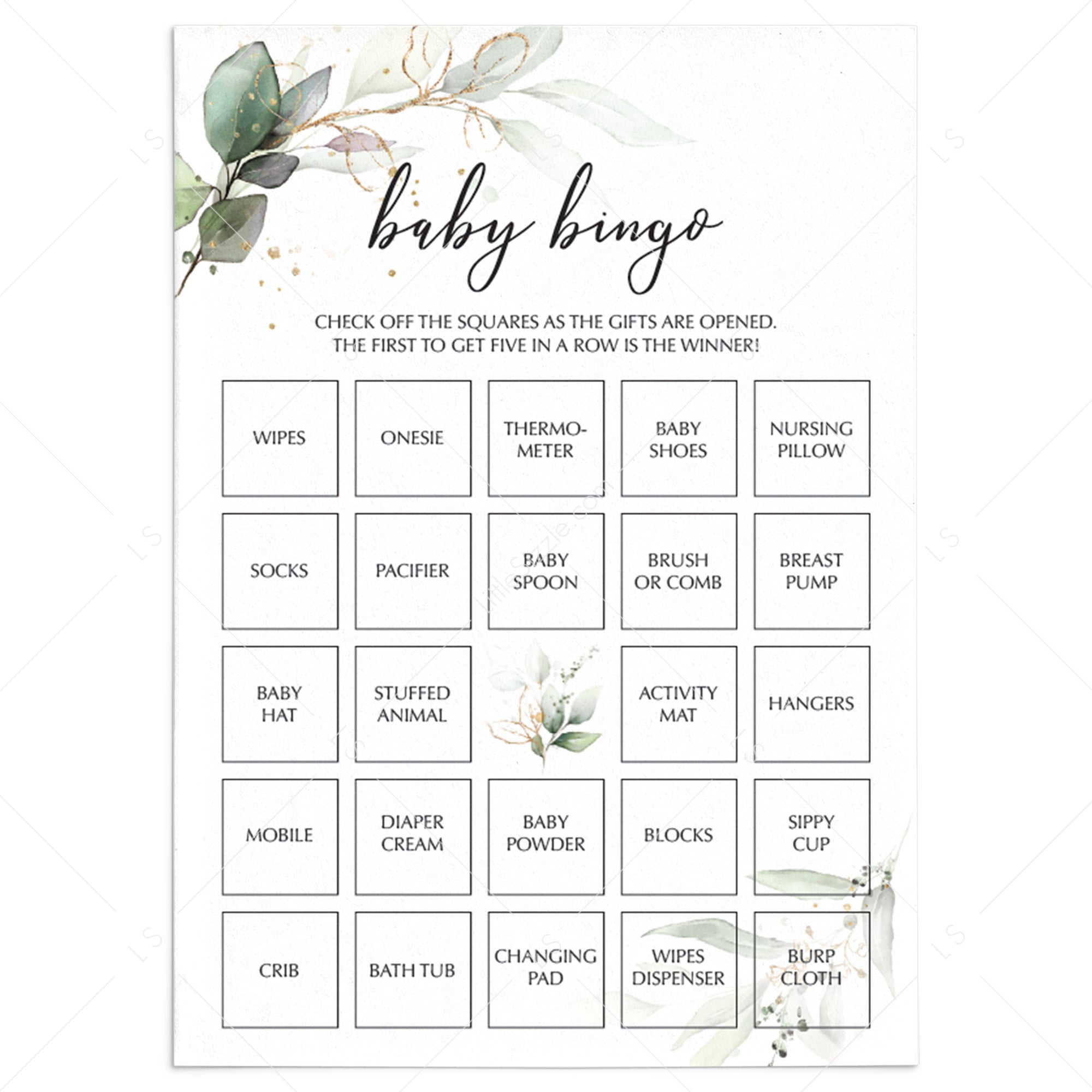 Baby Shower Bingo Cards Printable Greenery and Gold by LittleSizzle