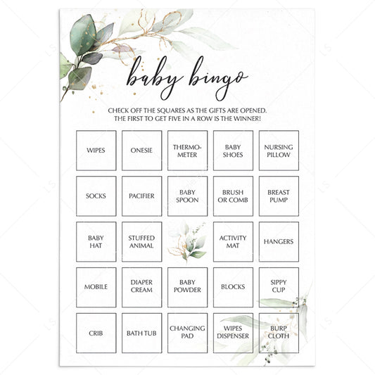 Baby Shower Bingo Cards Printable Greenery and Gold by LittleSizzle