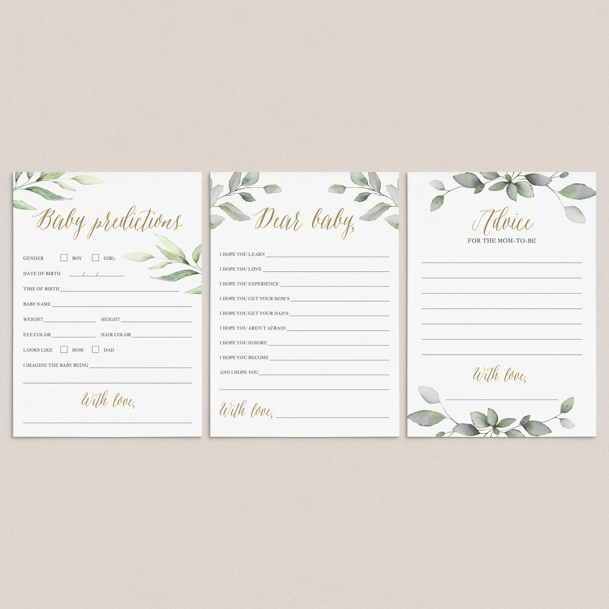 Gold and Greenery baby shower games printable by LittleSizzle