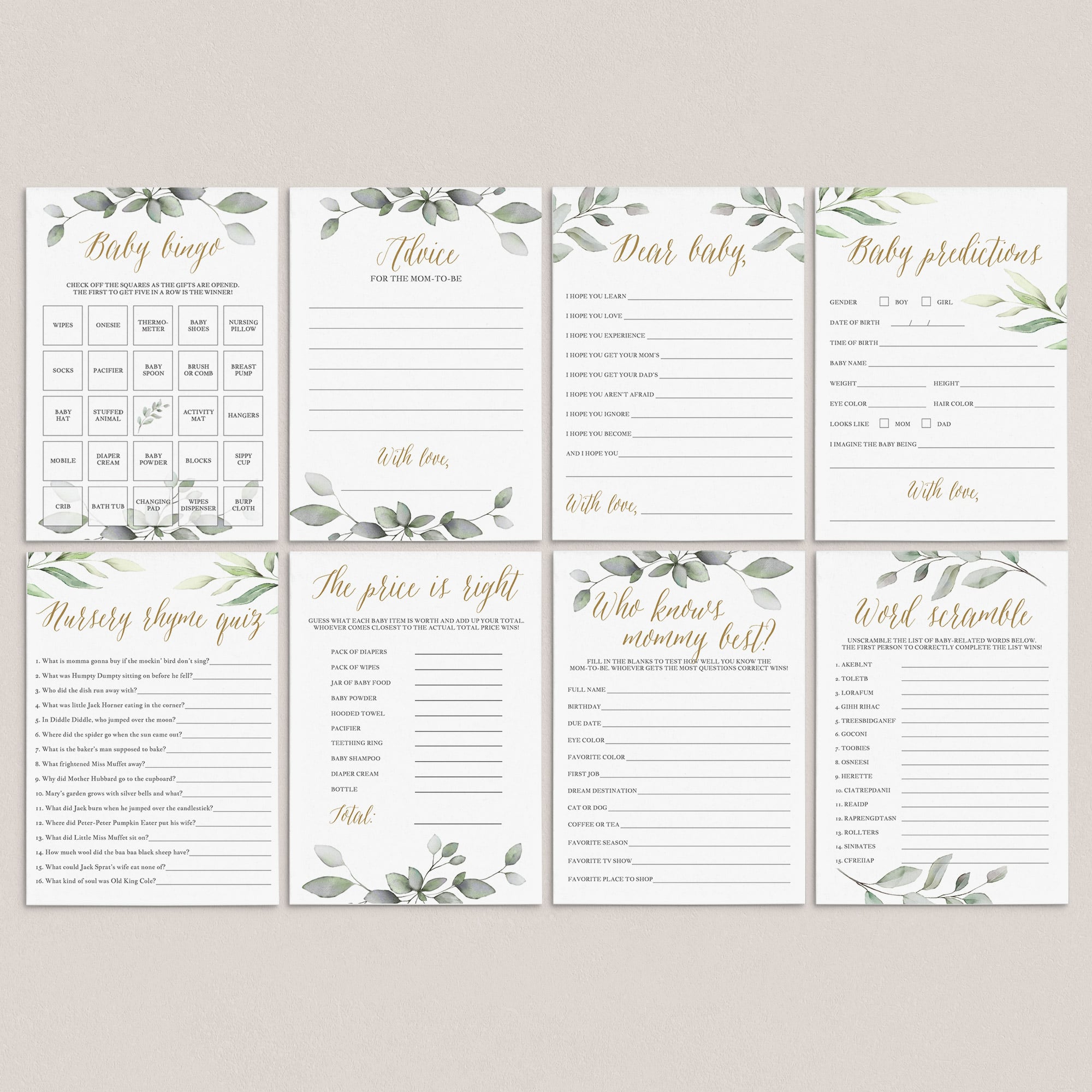 Green And Gold Baby Shower Games Bundle Printable by LittleSizzle