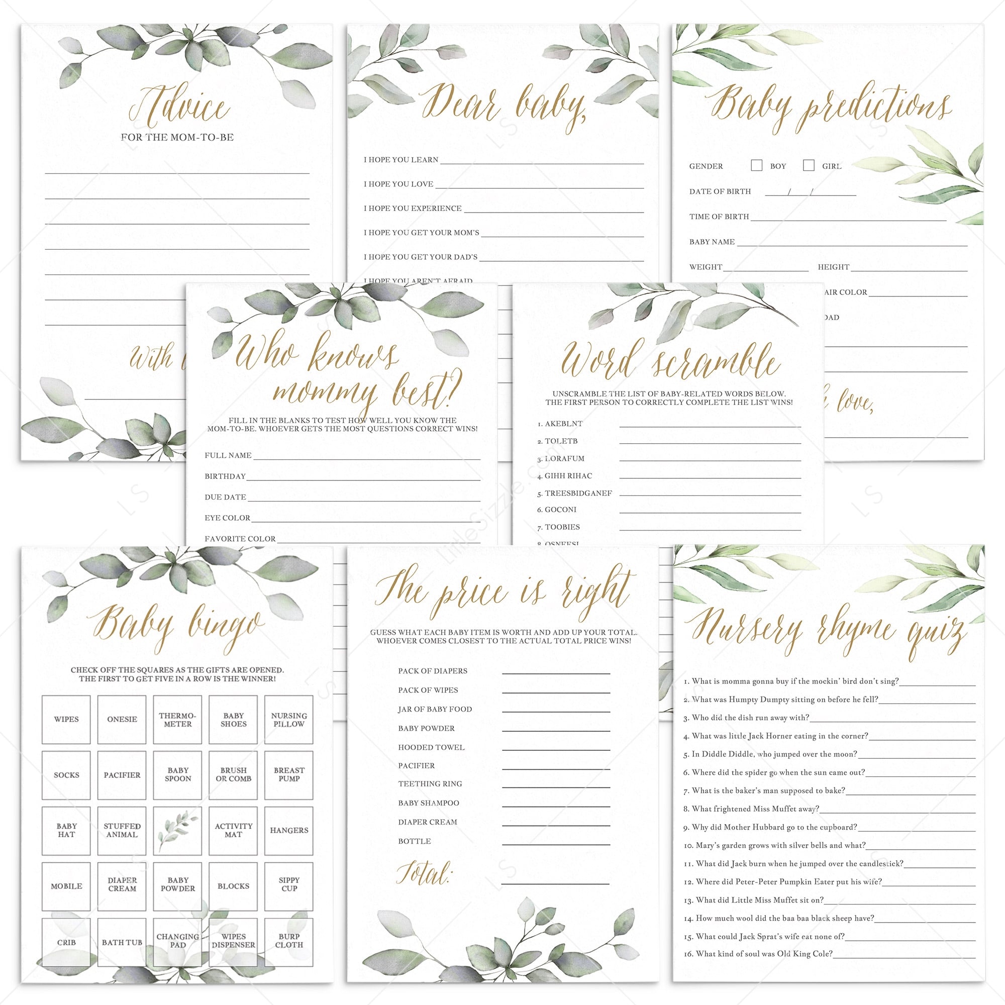 Green And Gold Baby Shower Games Bundle Printable