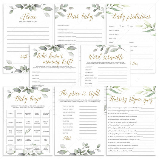 Green And Gold Baby Shower Games Bundle Printable
