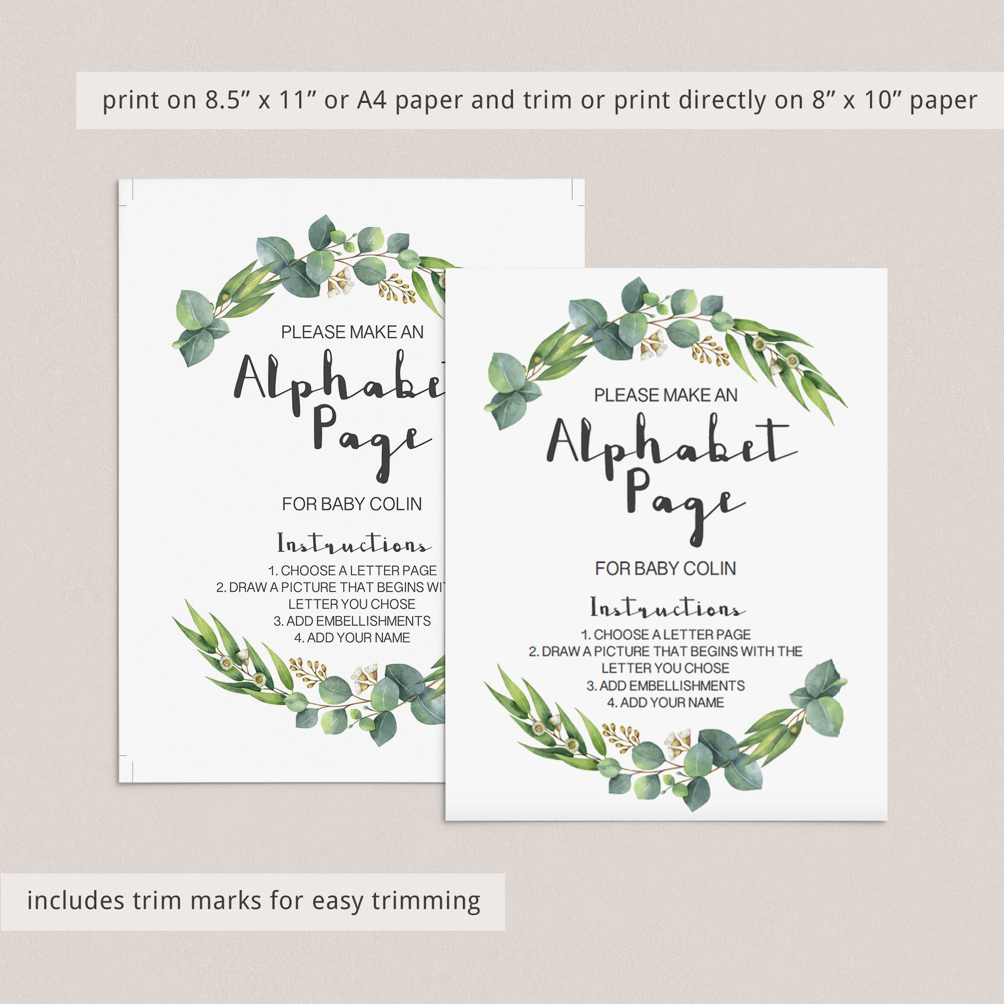 Please make an alphabet page for baby book sign greenery by LittleSizzle