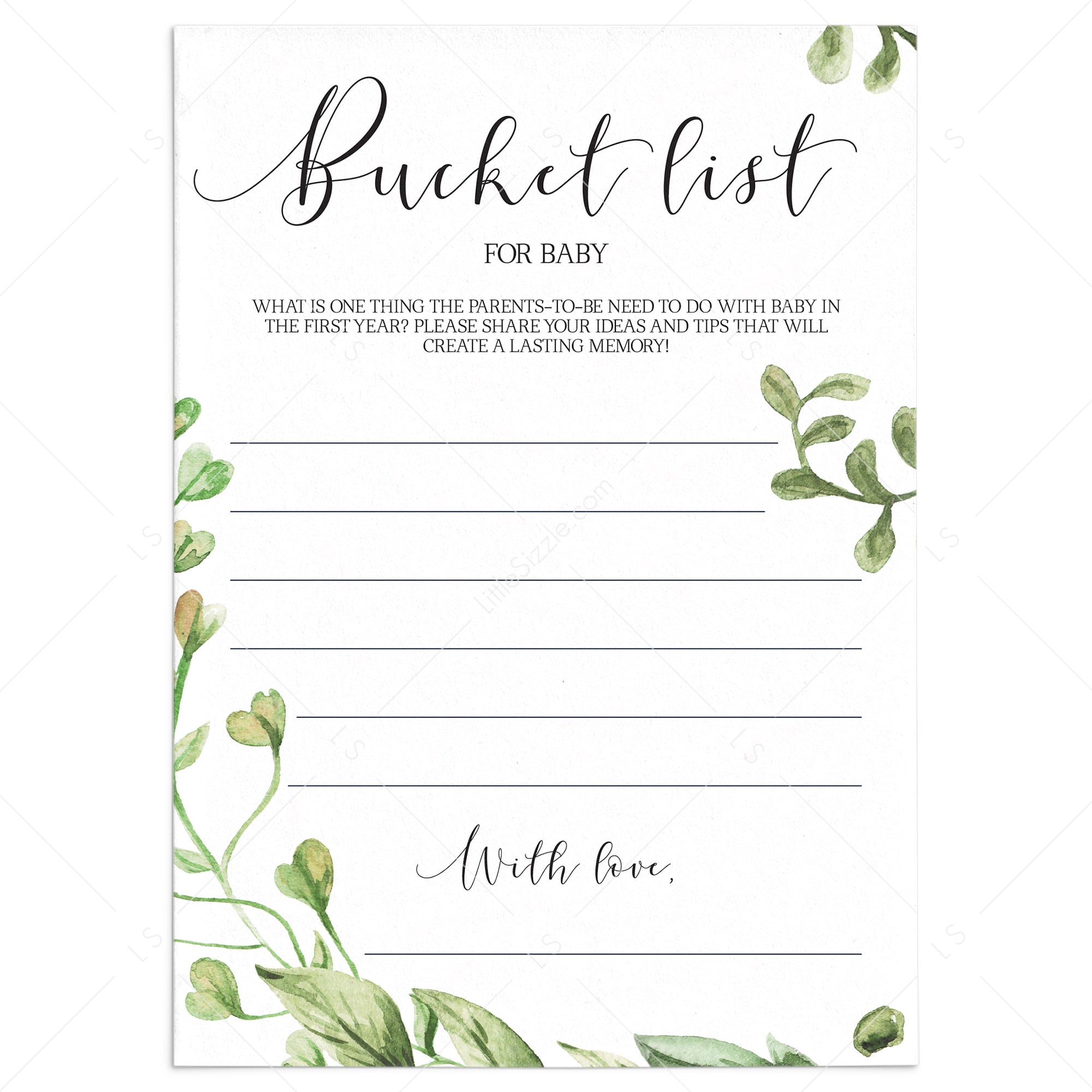 Greenery Baby Shower Keepsake Printable Bucket List Cards by LittleSizzle