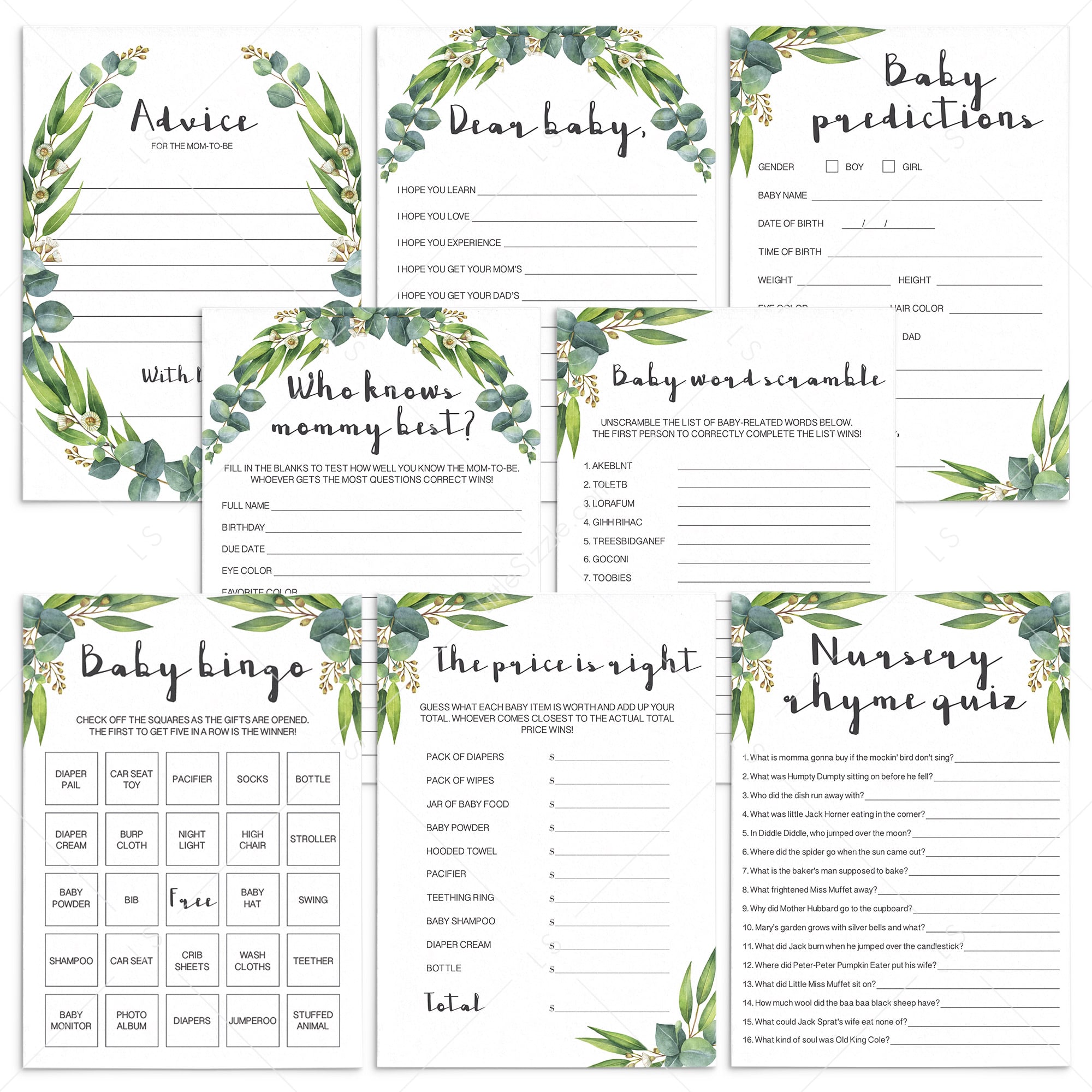Popular baby shower games printable green leaves by LittleSizzle