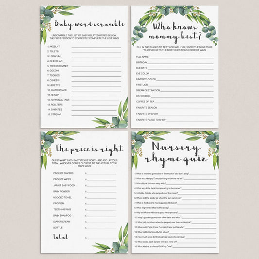 Modern Baby Shower Games Package Eucalyptus Leaves