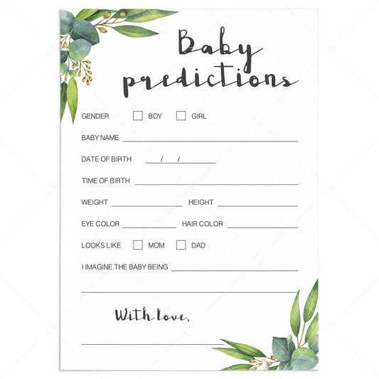 Watercolor leaves baby predictions game printable by LittleSizzle