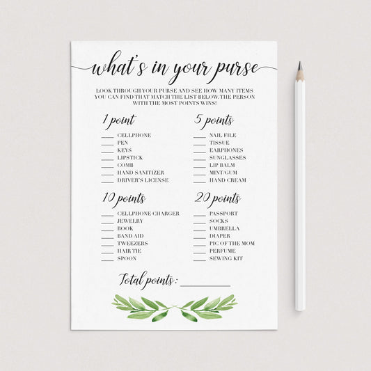 Green baby shower whats in your purse game card printable by LittleSizzle