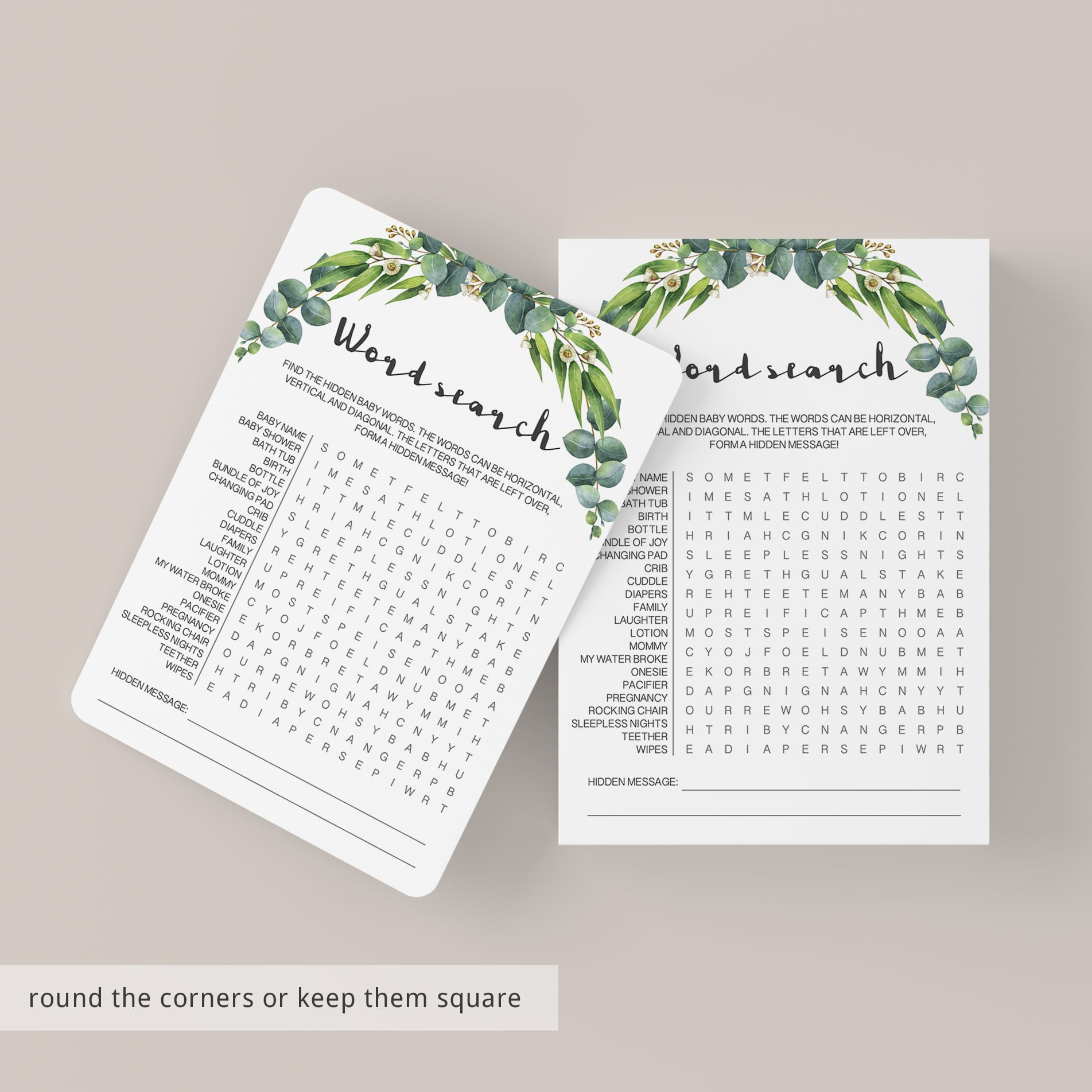 Printable baby shower word search games botanical by LittleSizzle