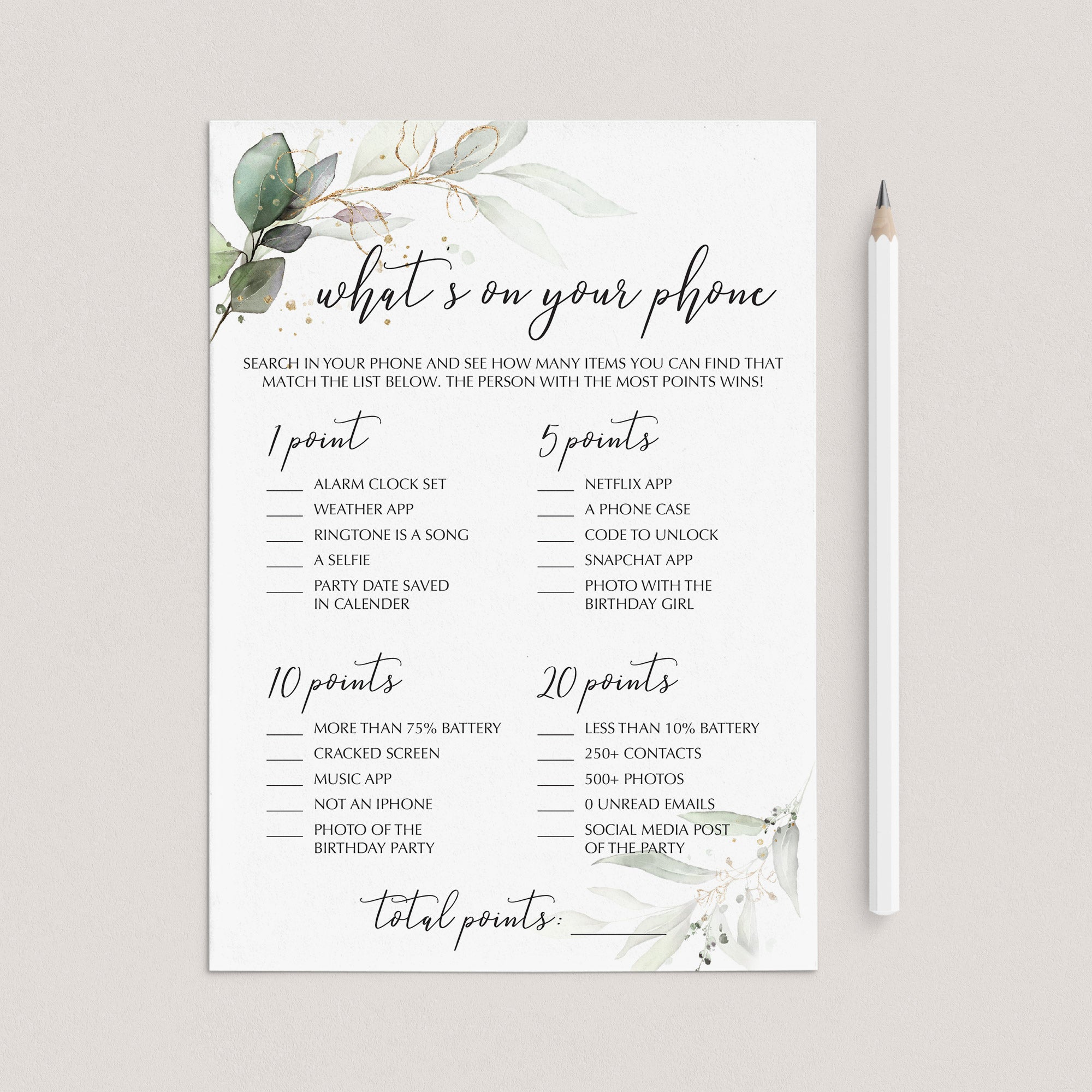 Greenery What's On Your Phone Women's Birthday Party Game by LittleSizzle