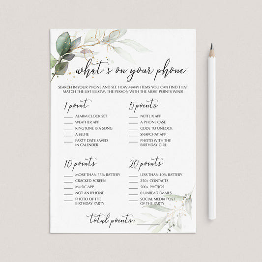 Greenery What's On Your Phone Women's Birthday Party Game by LittleSizzle