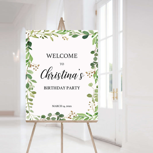 Greenery Leaves Party Welcome Board Template by LittleSizzle