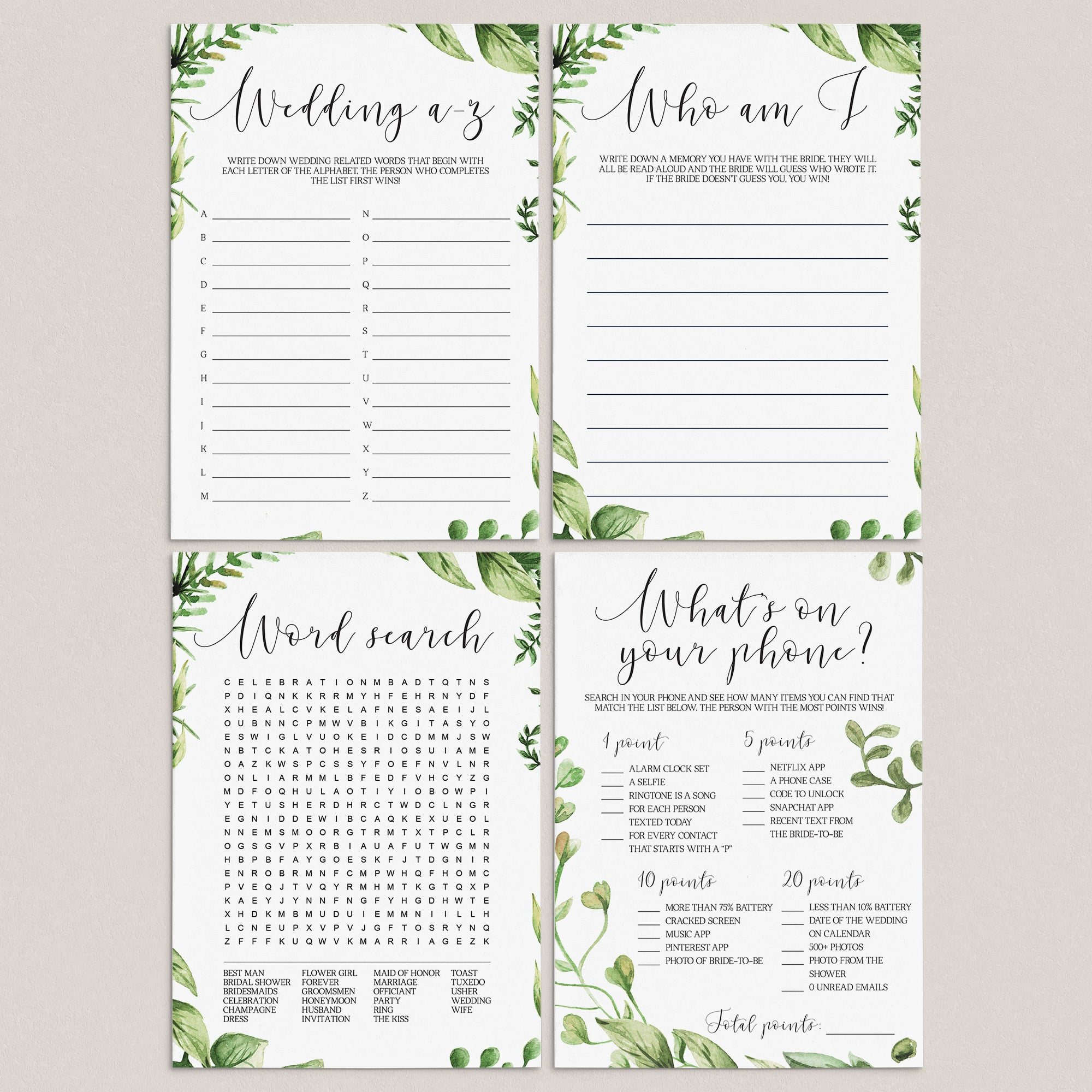 Watercolor Leaves Bridal Shower Games Bundle Instant Download by LittleSizzle