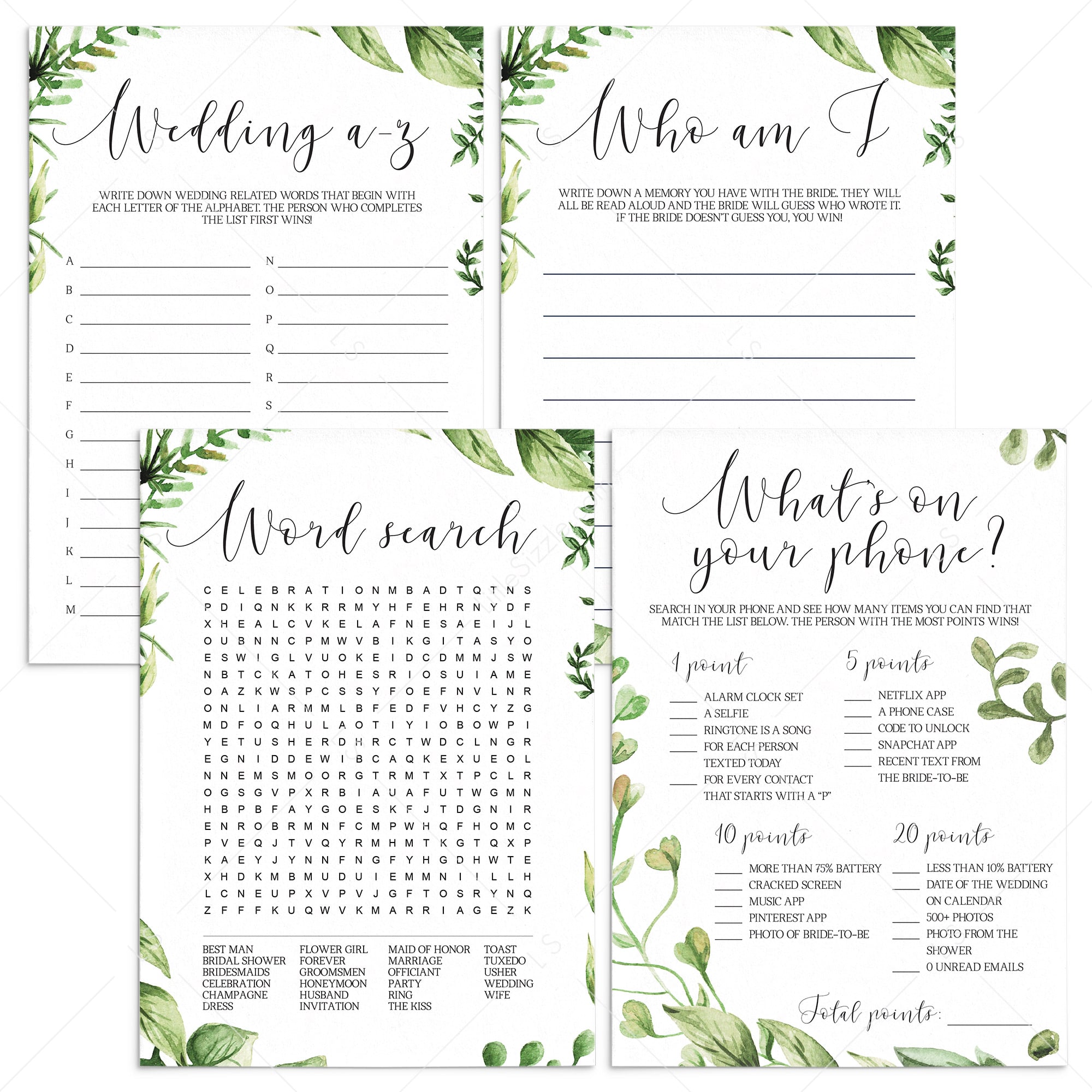 Watercolor Leaves Bridal Shower Games Bundle Instant Download by LittleSizzle