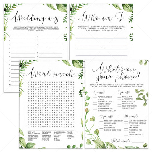 Watercolor Leaves Bridal Shower Games Bundle Instant Download by LittleSizzle