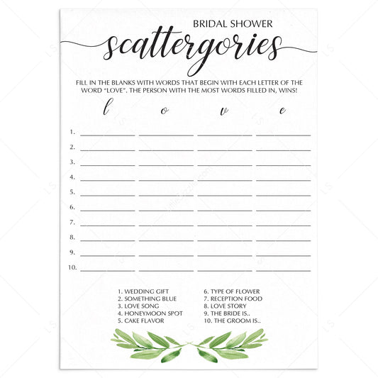 Bridal scattergories game printable by LittleSizzle