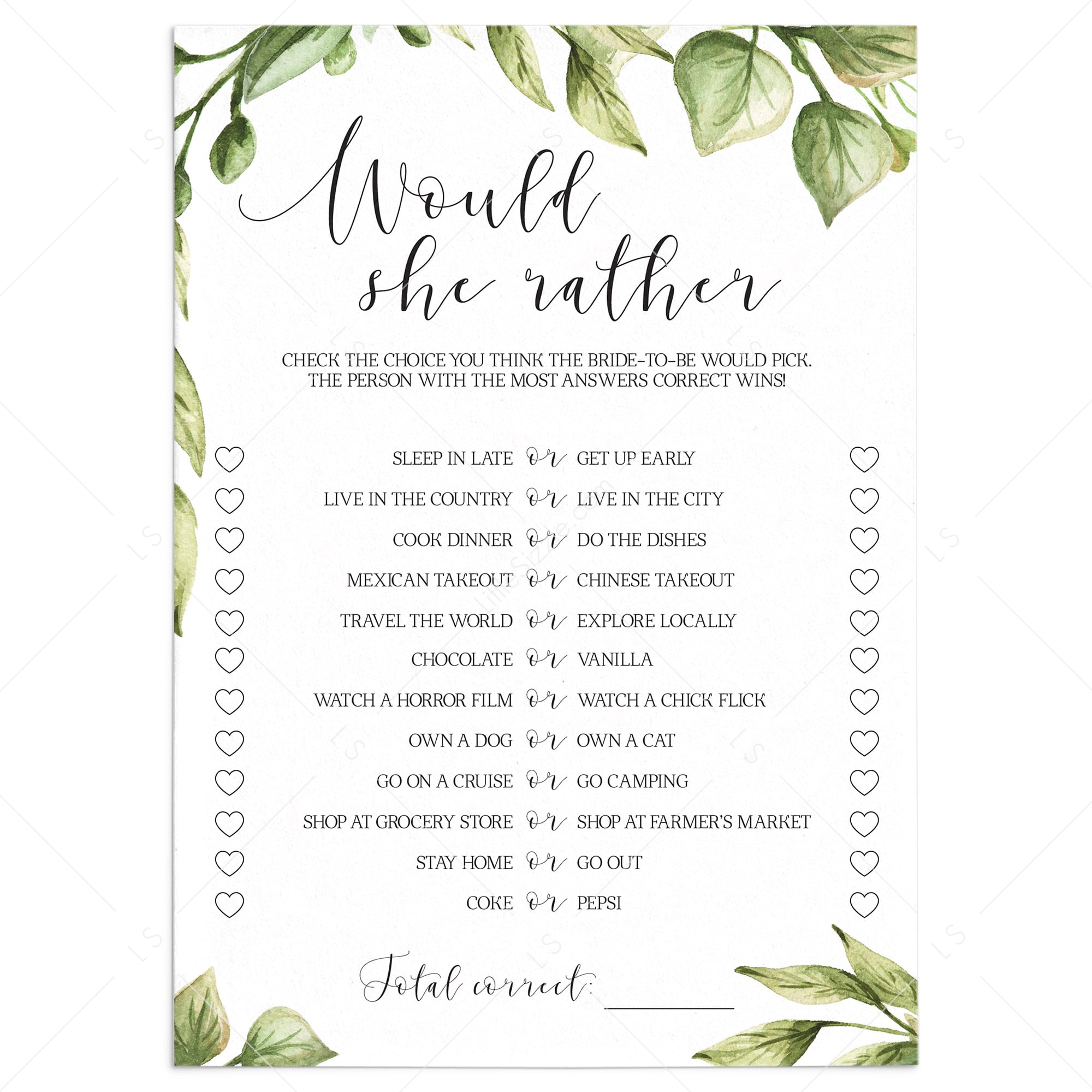 greenery bridal shower would she rather game cards by LittleSizzle