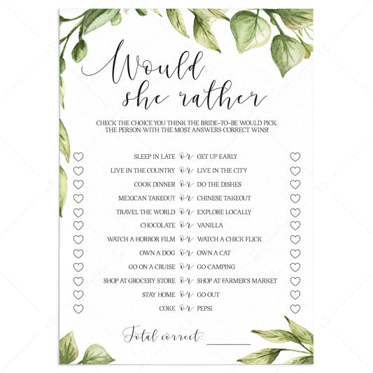 greenery bridal shower would she rather game cards by LittleSizzle