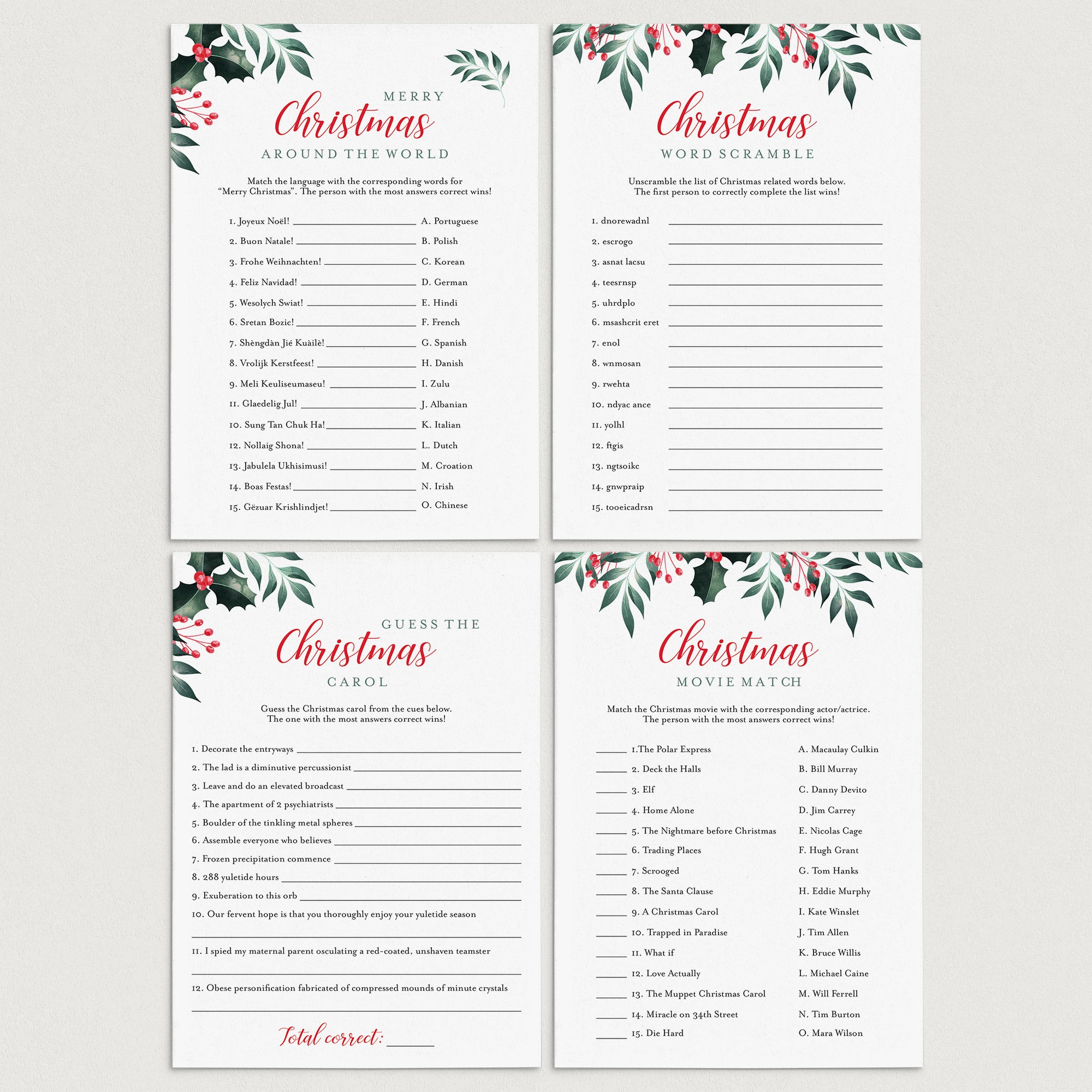 Greenery Christmas Games Pack Instant Download by LittleSizzle