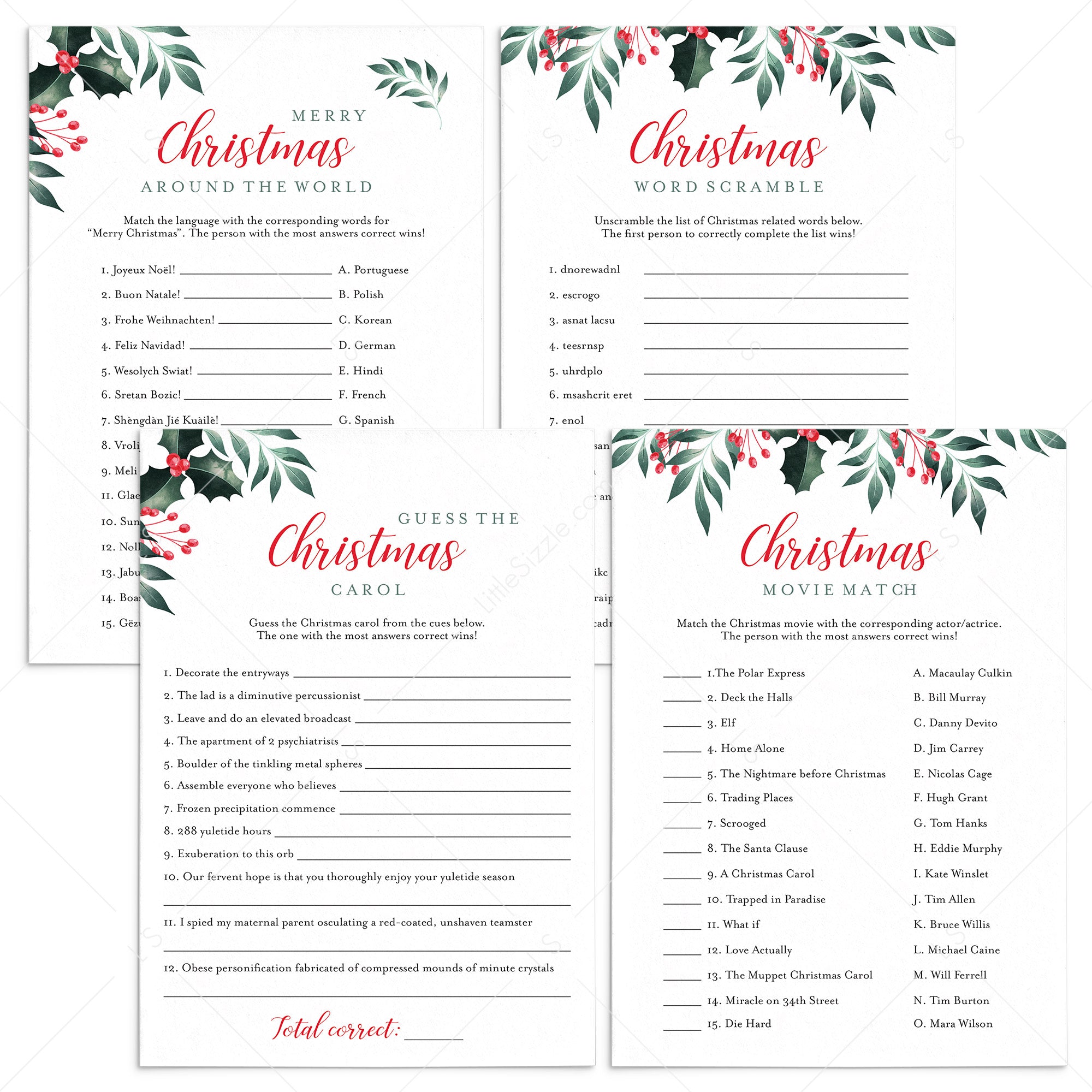 Greenery Christmas Games Pack Instant Download by LittleSizzle