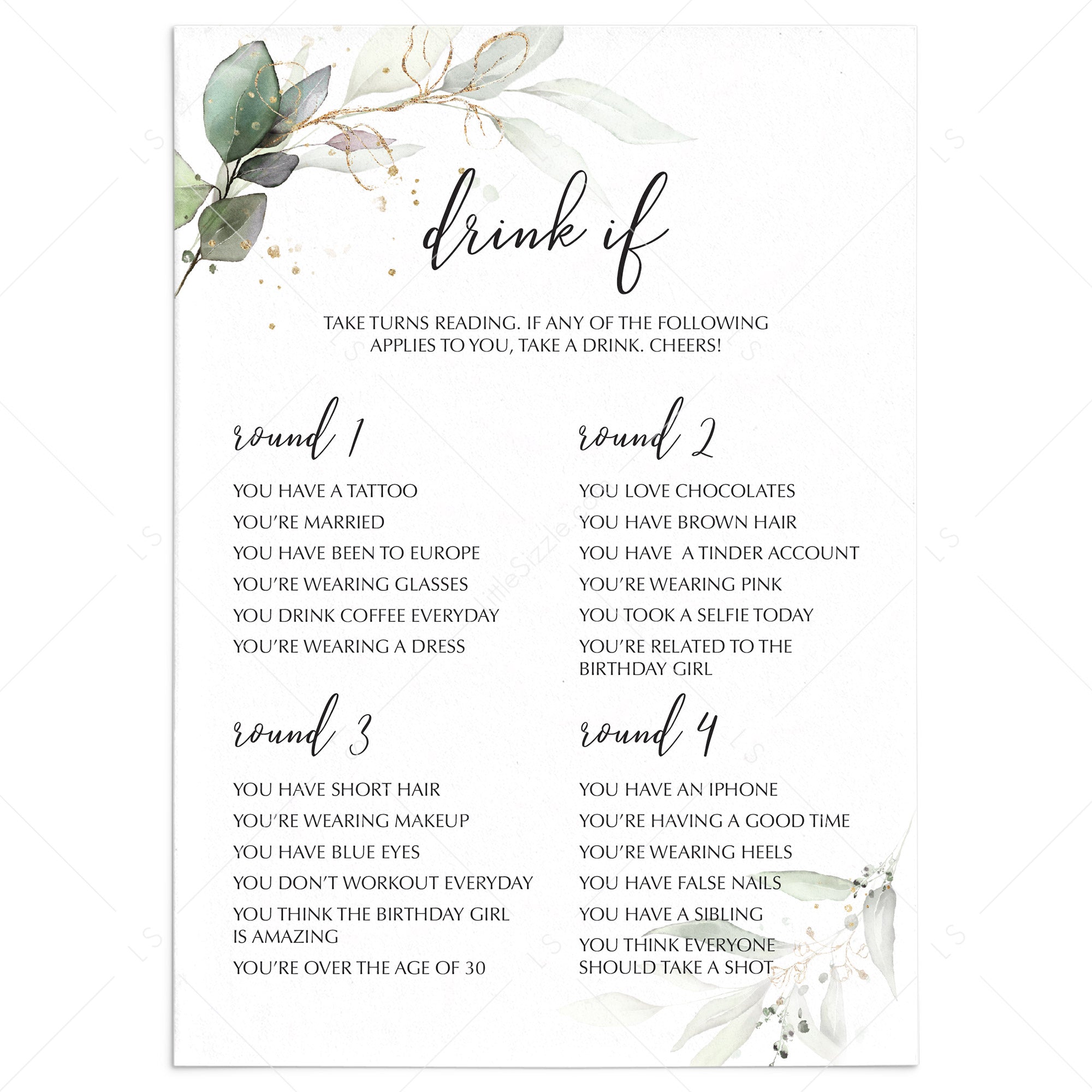 Drinking Game for Ladies Birthday Party Printable by LittleSizzle