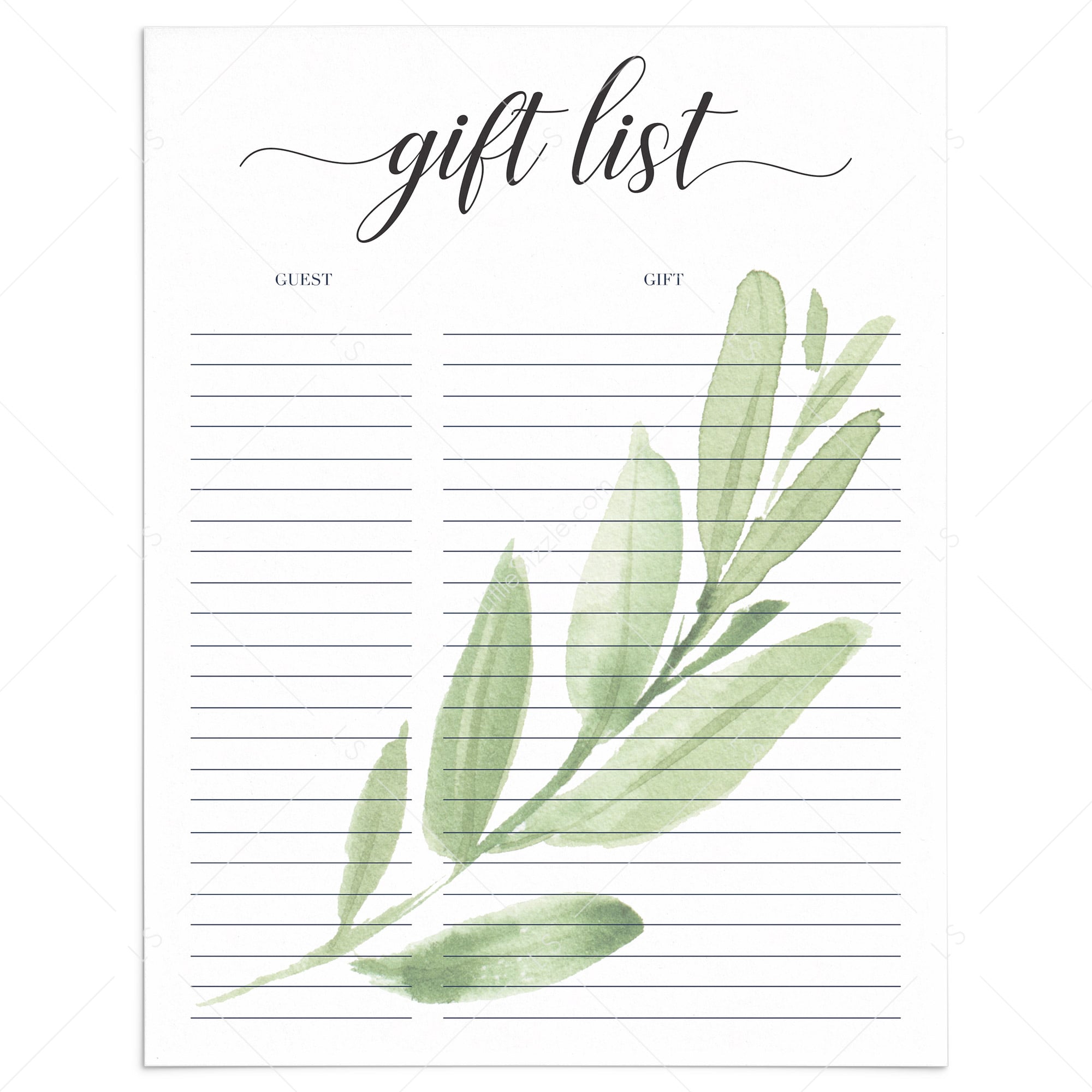 Greenery gift list printable by LittleSizzle