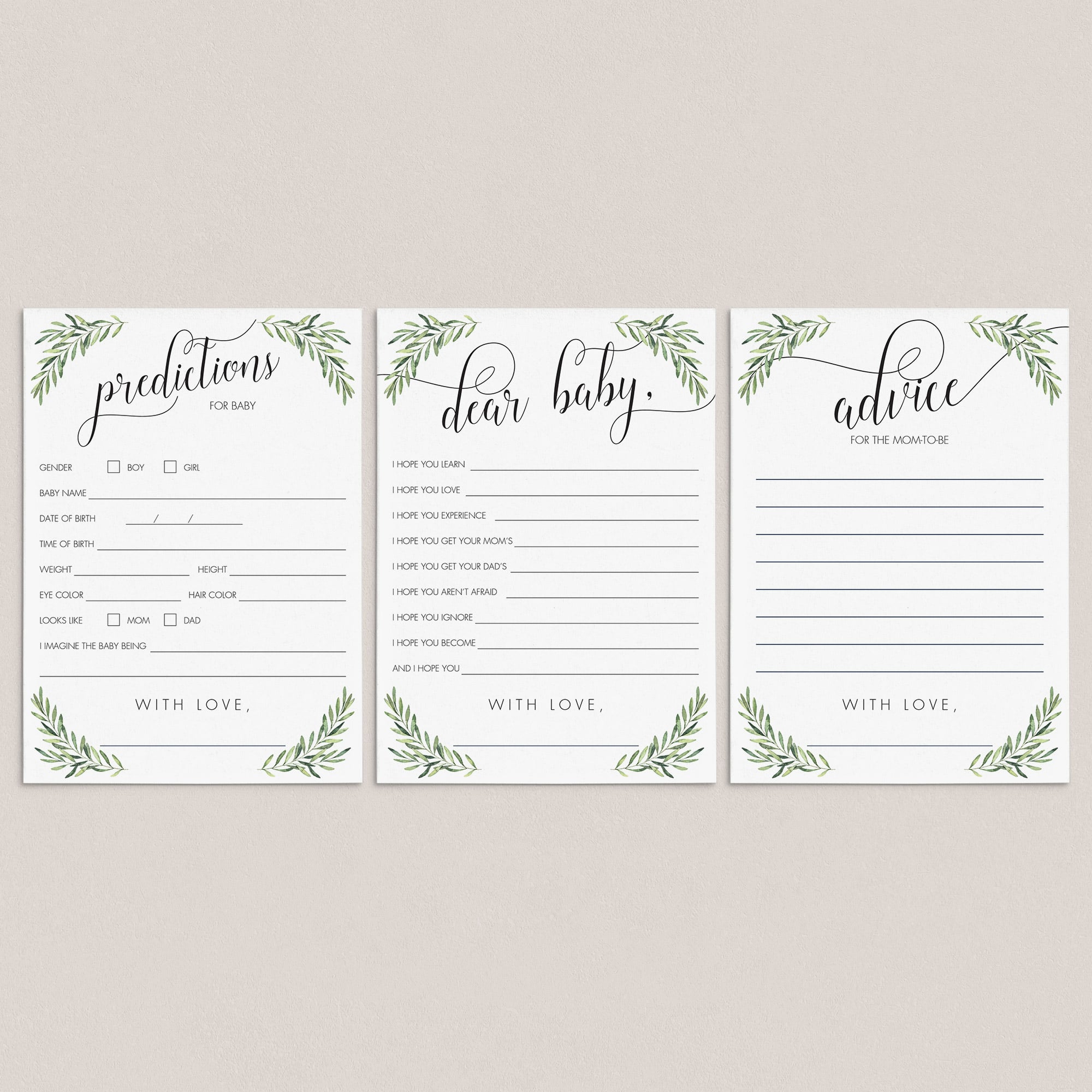 Watercolor Greenery Baby Shower Games Bundle Instant Download by LittleSizzle