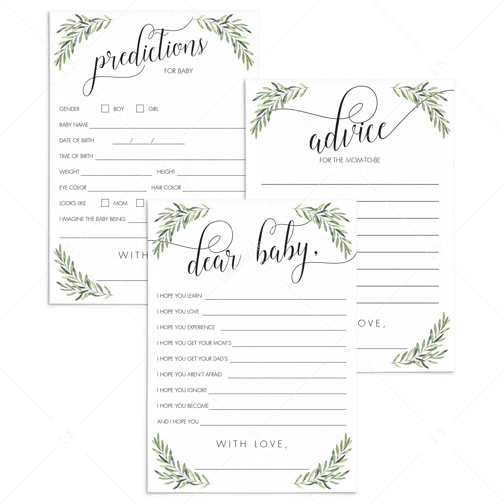 Watercolor Greenery Baby Shower Games Bundle Instant Download by LittleSizzle