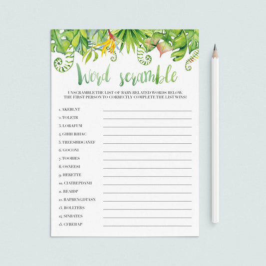 Tropical Flora Baby Shower Word Scramble Printable