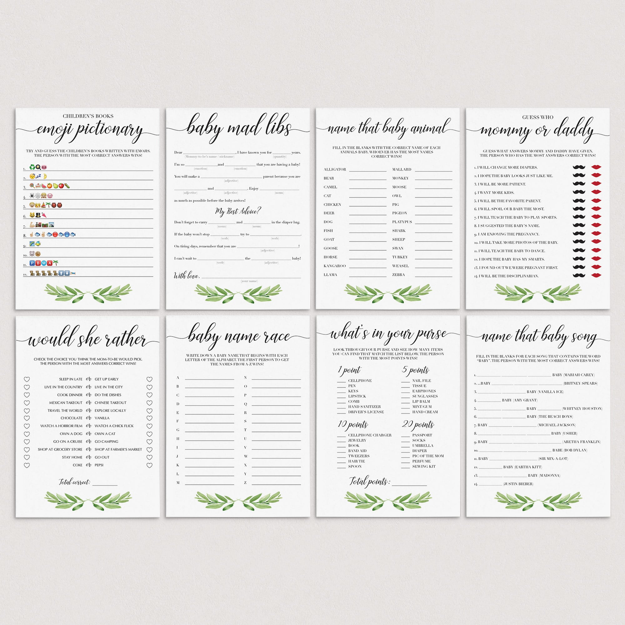 Green leaf baby shower games printable bundle by LittleSizzle