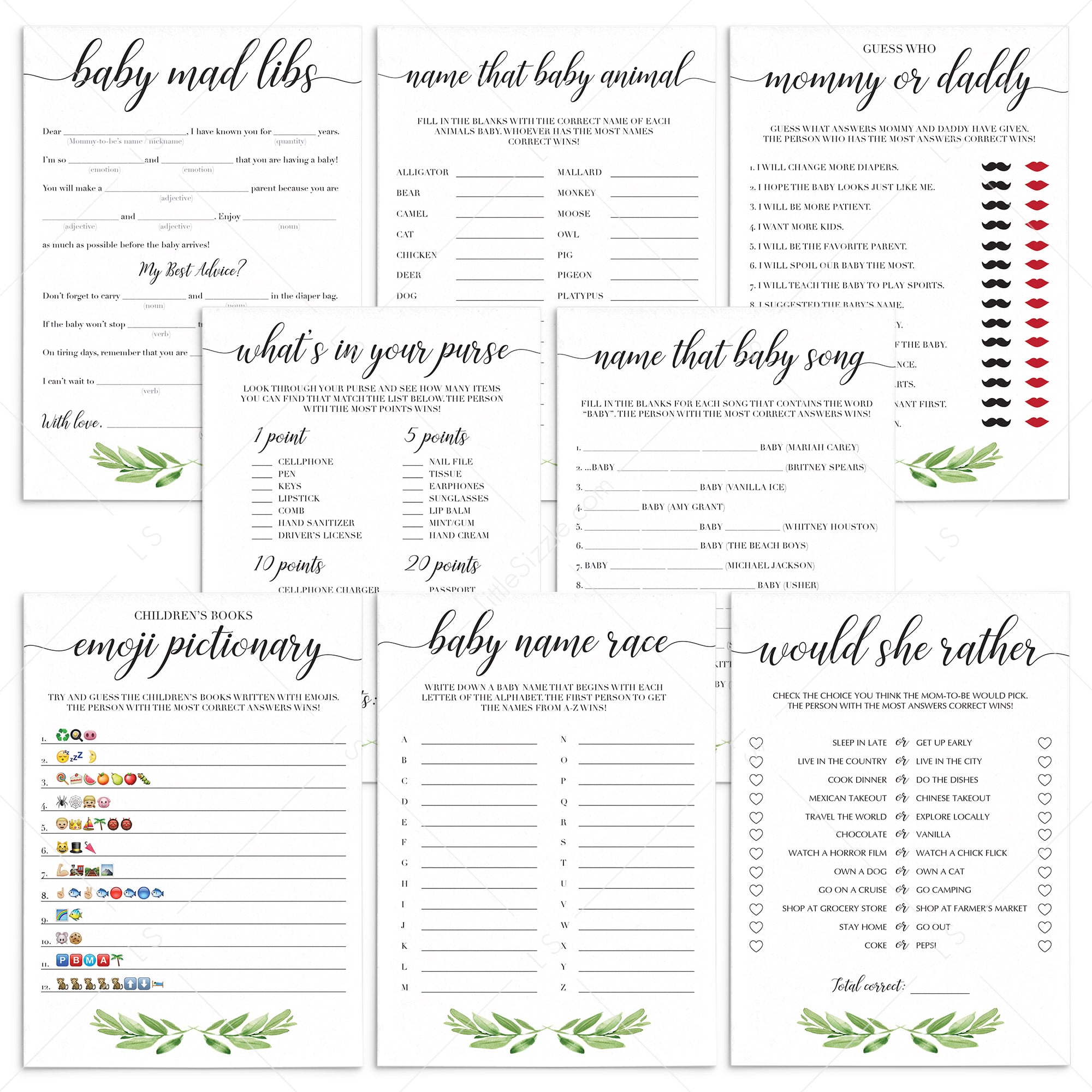 Green leaf baby shower games printable bundle by LittleSizzle