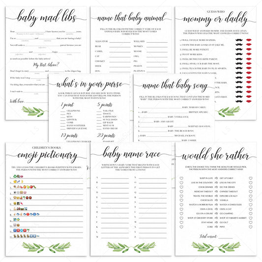 Green leaf baby shower games printable bundle by LittleSizzle