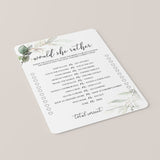 Gold and Green Bridal Shower Would She Rather Game Cards