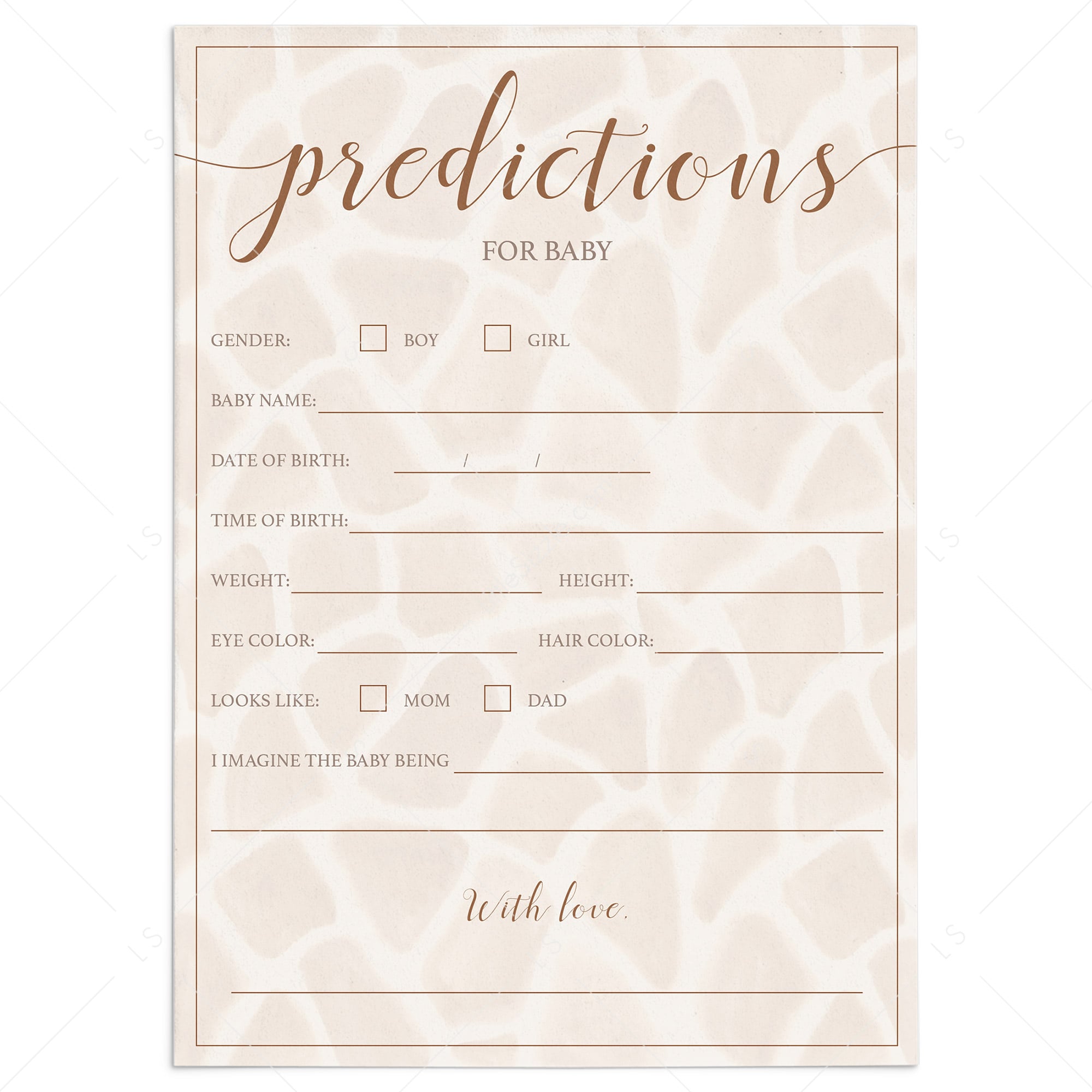 Baby prediction cards with giraffe pattern for safari baby shower by LittleSizzle
