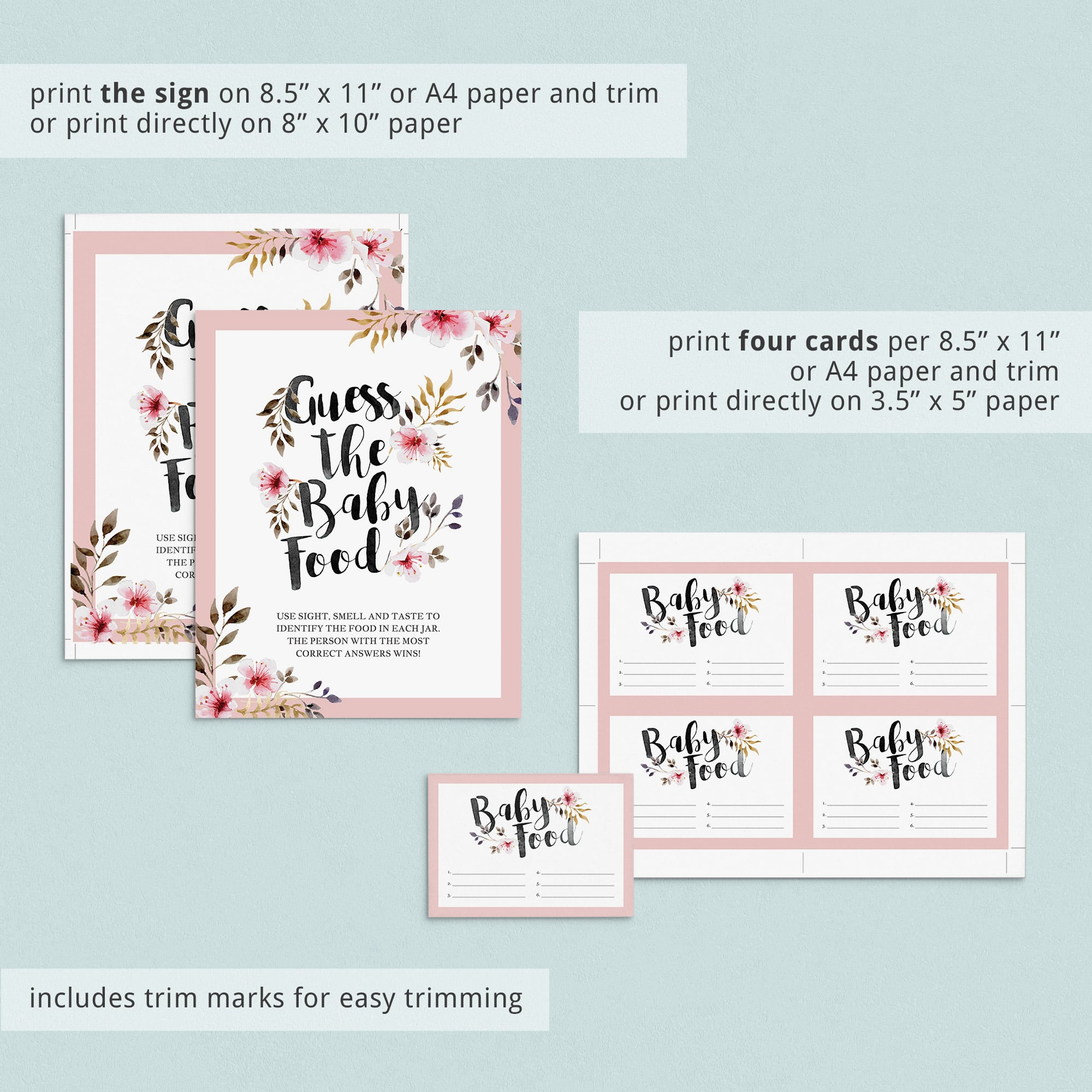 Printable guess the baby food shower decor with watercolor flowers by LittleSizzle